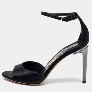 Pre Owned Salvatore Ferragamo Black Satin Crystal Embellished Heel Ankle Strap Sandals Size 35.5