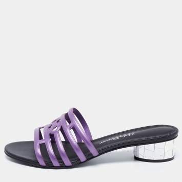 Pre Owned Salvatore Ferragamo Purple/Black Leather Finn Slide Sandals Size 39