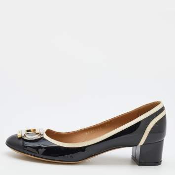 Pre Owned Salvatore Ferragamo Black Patent Leather Cap Toe Block Heel Pumps Size 38
