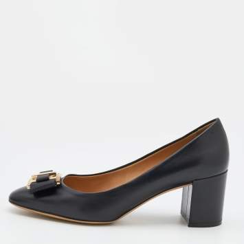 Pre Owned Salvatore Ferragamo Black Leather Bow Block Heel Pumps Size 40