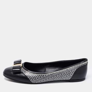 Pre Owned Salvatore Ferragamo Black/White Printed Leather Vara Bow Ballet Flats Size 38