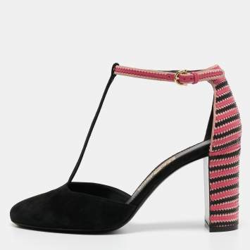 Pre Owned Salvatore Ferragamo Black/Pink Suede And Leather Fergie T-Strap Pumps Size 40