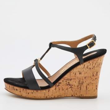 Pre Owned Salvatore Ferragamo Black Leather Savita Cork Wedge Sandals Size 37.5