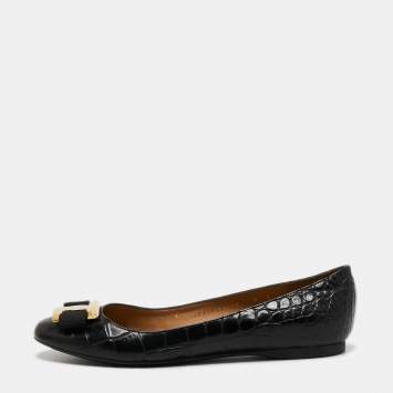 Pre Owned Salvatore Ferragamo Black Crocodile Leather  Vara Ballet Flats Size 40.5