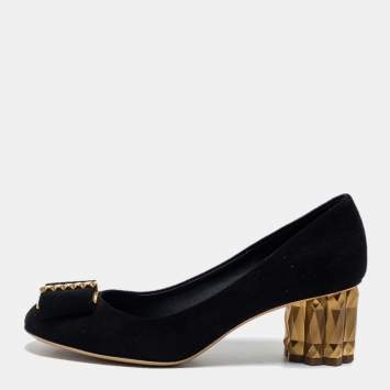 Pre Owned  Salvatore Ferragamo Black Suede Capua Block Heel Pumps Size 37