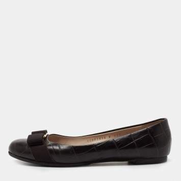 Pre Owned Salvatore Ferragamo Dark Brown Croc Embossed Leather Varina  Ballet Flats Size 37.5