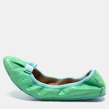 Pre Owned Salvatore Ferragamo Green Leather Bow Scrunch Ballet Flats Size 40.5 
