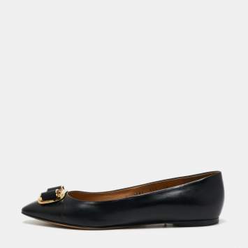 Pre Owned Salvatore Ferragamo Black  Leather Vara Bow Ballet Flats Size 40.5