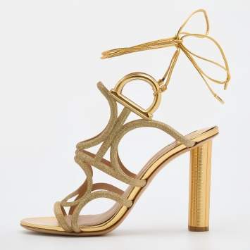 Pre Owned Salvatore Ferragamo Gold Glitter and Leather Strappy Sandals Size 39.5