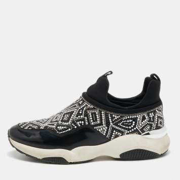 Pre Owned Salvatore Ferragamo Black Patent and Fabric Crystal Embellished Low Top Sneakers Size 38