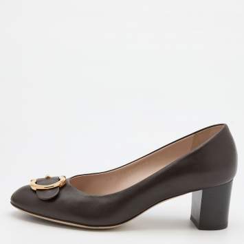 Pre Owned Salvatore Ferragamo Brown Leather Gancini Block Heel Pumps Size 36.5
