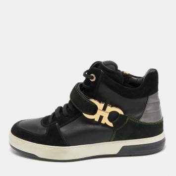 Pre Owned Salvatore Ferragamo Black Leather  and Suede Nayon Gancio High Top Sneakers Size 37.5