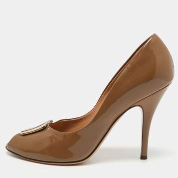 Pre Owned Salvatore Ferragamo Brown Patent Leather Peep Toe Pumps Size 41