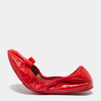 Pre Owned Salvatore Ferragamo Coral Red Patent Leather My Joy Scrunch Ballet Flats Size 40.5