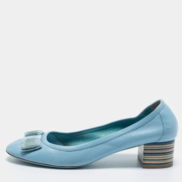 Pre Owned Salvatore Ferragamo Blue Leather Vara Bow Pumps Size 39.5