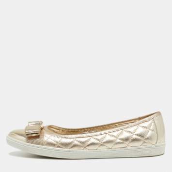 Pre Owned Salvatore Ferragamo Gold Leather Varina Quilted Ballet Flats Size 36.5