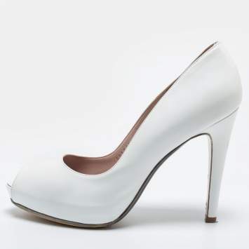 Pre Owned Salvatore Ferragamo White Leather Peep Toe Platform Pumps Size 38.5