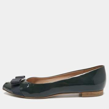 Pre Owned Salvatore Ferragamo Dark Grey Patent Leather Vara Bow Peep Toe Ballet Flats Size 39