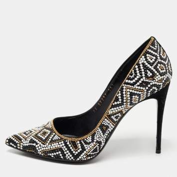 Pre Owned Salvatore Ferragamo Black/White Suede and Mosaic Embellished Pointed Toe Pumps Size 38