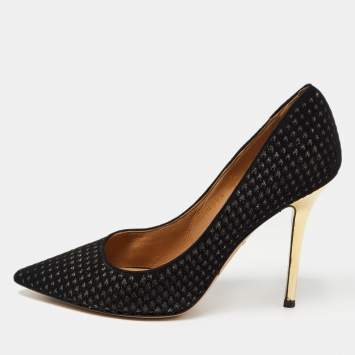 Pre Owned Salvatore Ferragamo Black Laser Cut Suede and Glitter Pointed Toe Pumps Size 39