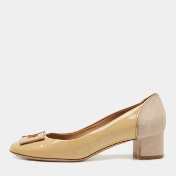 Pre Owned Salvatore Ferragamo Two Tone Patent Leather and Suede Pumps Size 37