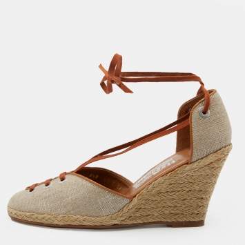 Pre Owned Salvatore Ferragamo Beige/Brown Jute Fabric and Leather Espadrille Wedge Pumps Size 39