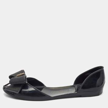 Pre Owned Salvatore Ferragamo Black Jelly Barbados Bow Flats Size 37.5