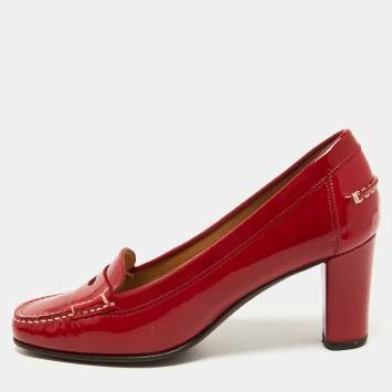 Pre Owned Salvatore Ferragamo Red Patent Leather Penny Slip On Loafers Size 37.5