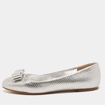 Pre Owned Salvatore Ferragamo Silver Studded Leather Varina Ballet Flats Size 37.5