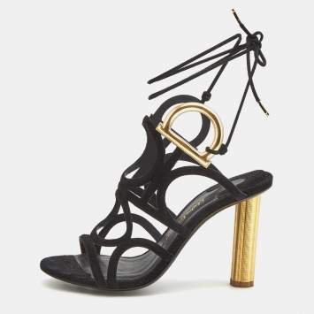 Pre Owned Salvatore Ferragamo Black Suede Lace Up Sandals Size 36
