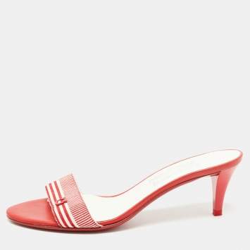 Pre Owned Salvatore Ferragamo Red Stripe Canvas and Leather Slide Sandals Size 39