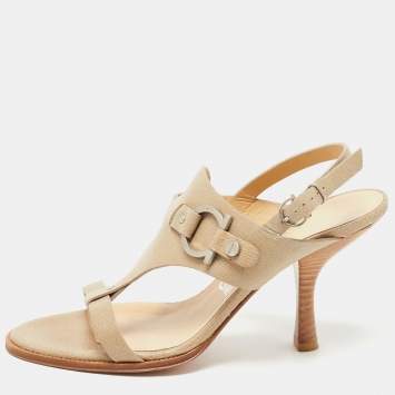 Pre Owned Salvatore Ferragamo Beige Textured Leather Slingback Sandals Size 38.5