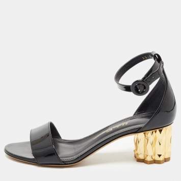Pre Owned Salvatore Ferragamo Black Patent Leather Azalea Ankle Strap Block Sandals Size 37