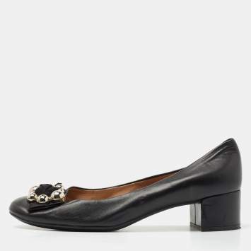Pre Owned Salvatore Ferragamo Black Leather Flair Block Heel Pumps Size 39.5 