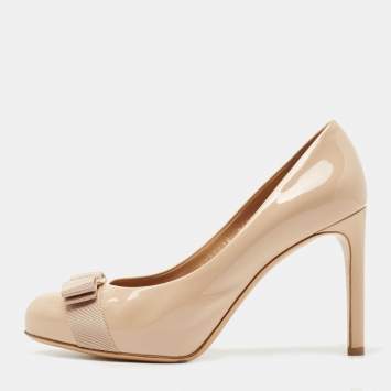 Pre Owned Salvatore Ferragamo Beige Patent Leather Vara Bow Platform Pumps Size 38