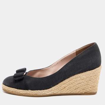 Pre Owned Salvatore Ferragamo Black Canvas Bow Detailed 'Darly' Espadrille Wedges Size 38