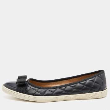 Pre Owned Salvatore Ferragamo Black Quilted Leather Varina Bow Ballet Flats Size 38