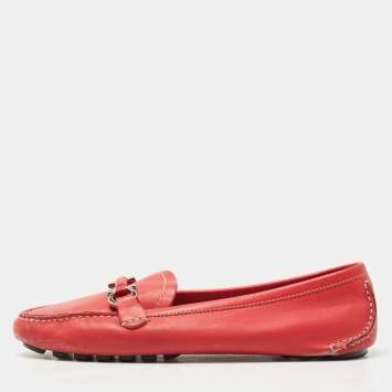 Pre Owned Salvatore Ferragamo Red Leather Gancini Slip On Loafers Size 37.5