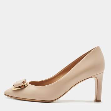 Pre Owned Salvatore Ferragamo Beige Leather Lola Pumps Size 37.5