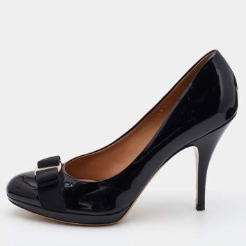 Pre Owned Salvatore Ferragamo Black Patent Leather Vara Bow  Pumps Size 41.5
