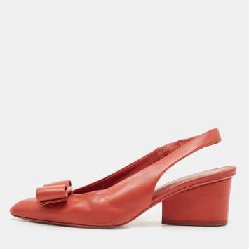 Pre Owned Salvatore Ferragamo Red Leather Vara Bow Slingback Pumps Size 37.5