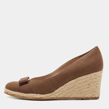 Pre Owned Salvatore Ferragamo Brown Canvas Bow Detailed 'Darly' Espadrille Wedges Size 40