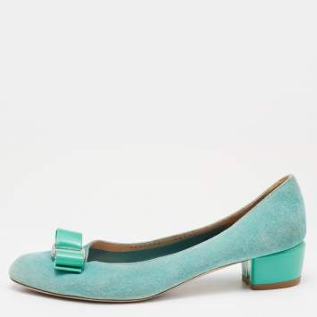 Pre Owned Salvatore Ferragamo Blue Suede and Patent Bow Varina Ballet Flats Size 37.5