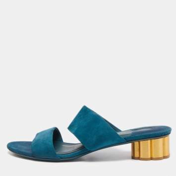 Pre Owned Salvatore Ferragamo Teal Suede Belluno Slide Sandals Size 37.5