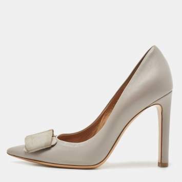 Pre Owned Salvatore Ferragamo Grey Leather Mimi Bow Pumps Size 37.5