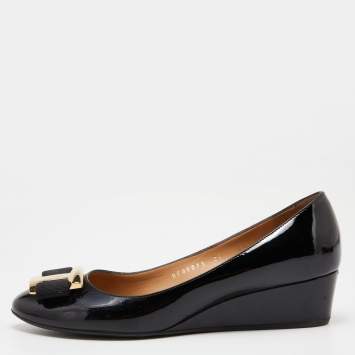 Pre Owned Salvatore Ferragamo Black Patent Leather Ninna Wedges Pumps Size 38