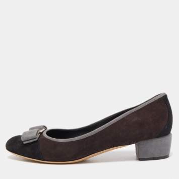 Pre Owned Salvatore Ferragamo Tricolor Suede Vara Bow Block Heel Pumps Size 38.5