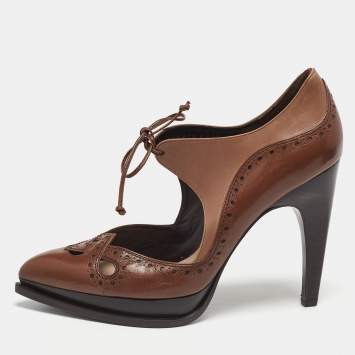 Pre Owned Salvatore Ferragamo Brown Brogue Leather Cut Out Lace Pumps Size 37.5