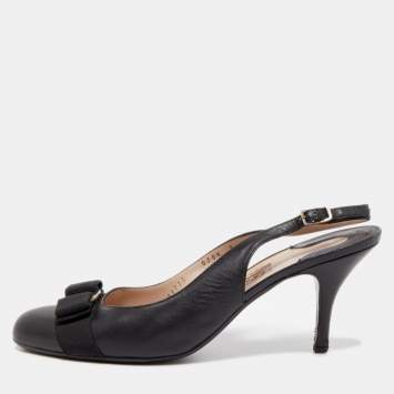 Pre Owned Salvatore Ferragamo Black Leather Vara Bow Slingback Pumps Size 39.5