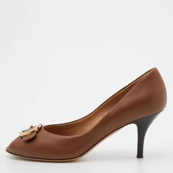 Pre Owned Salvatore Ferragamo Brown Leather Gancio Bit Peep Toe Pumps Size 38.5